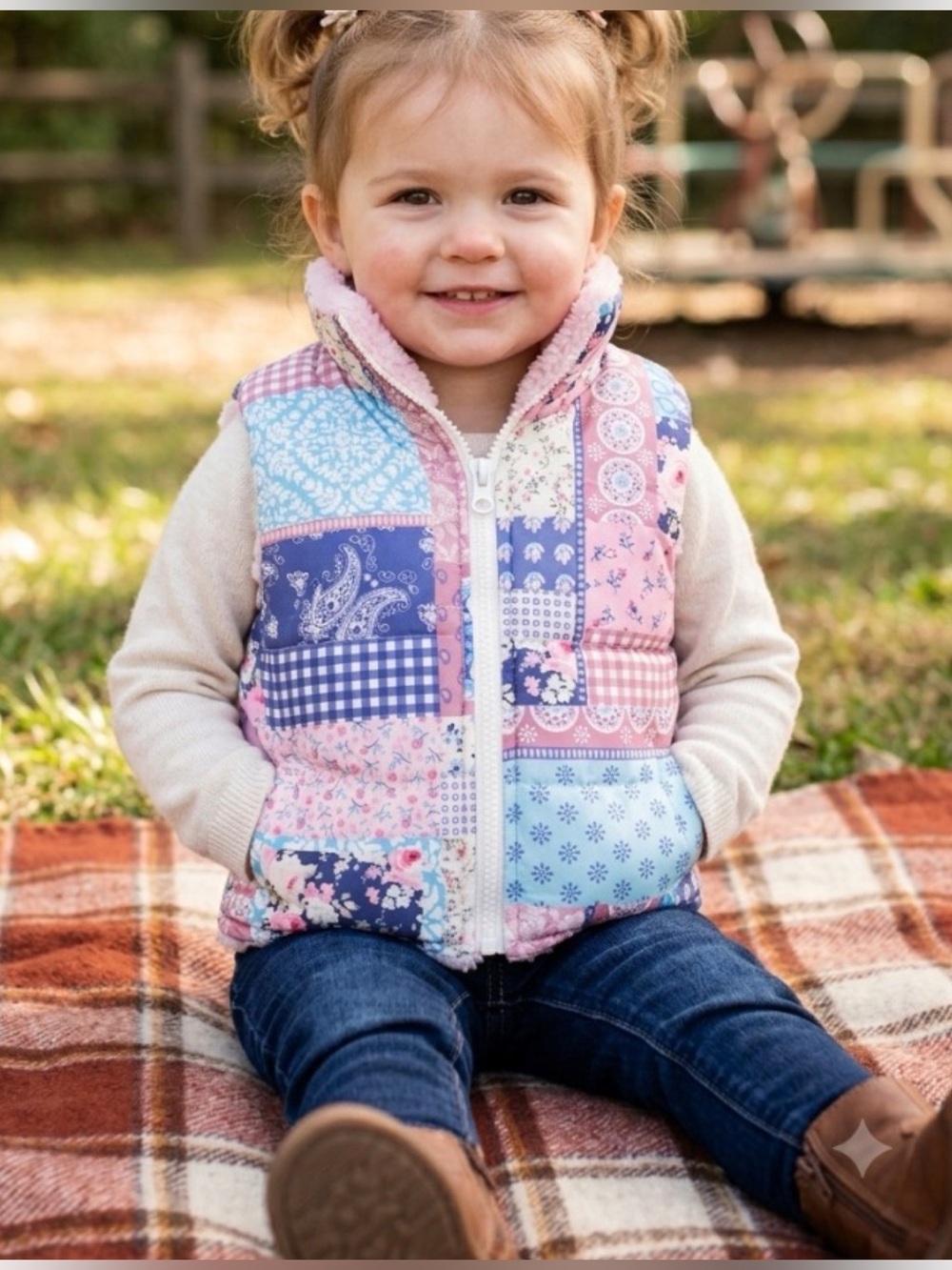 Becker Girls' Patchwork Puffer Sherpa Lined Floral Paisley Pink & Blue Vest 2T